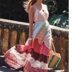 Anthropologie Raga Eyelet Maxi Dress colorful soft pastel size medium boho beach